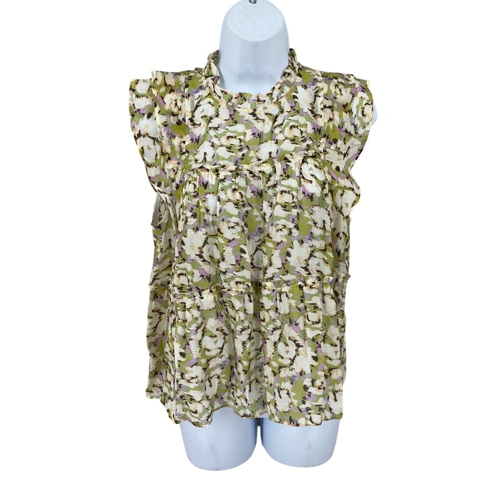 Melloday Floral Tiered Babydoll Top Womens Size M Green Multi Ruffle Boho Blouse
